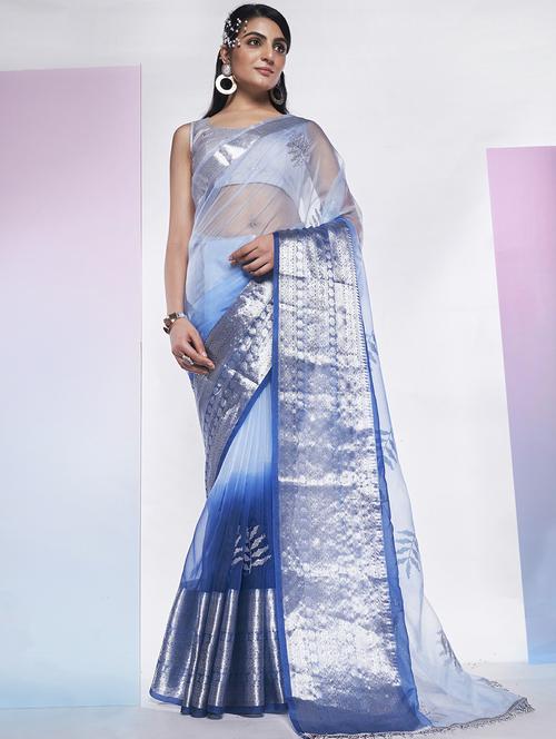 women blue embroidered bordered saree with blouse - 20559099 - Very Small Image - 1