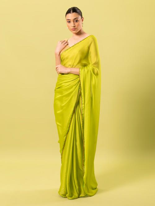 women green solid lace work saree with blouse - 20559177 - Very Small Image - 1
