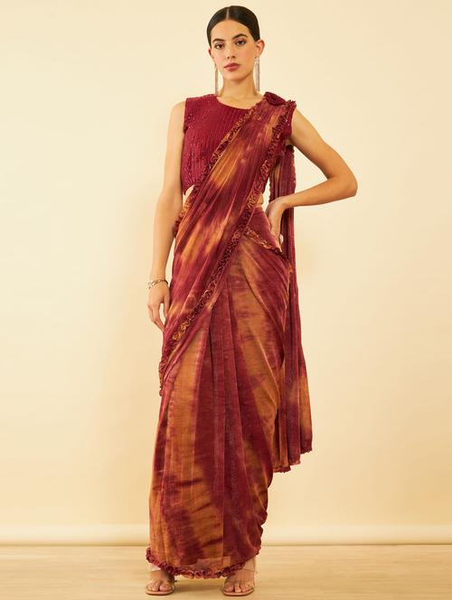 women's ombre maroon colored saree with blouse - 20560769 - Very Small Image - 1