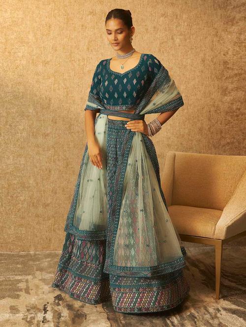teal flared unstitched lehenga - 20560774 - Very Small Image - 1
