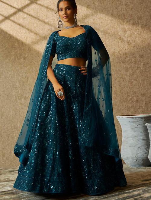 teal flared unstitched lehenga - 20560790 - Very Small Image - 1