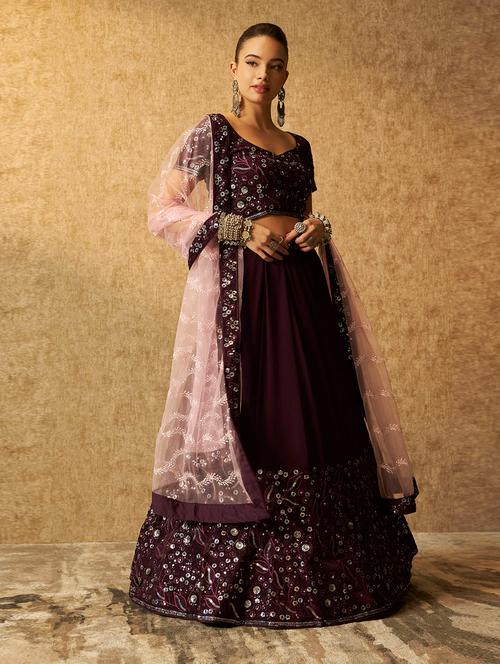 women burgundy sequined flared lehenga - 20560821 - Very Small Image - 1