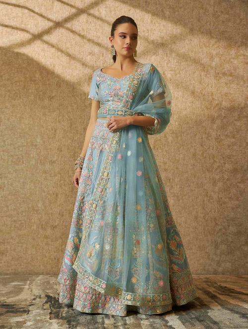 women light blue flared unstitched lehenga - 20560841 - Very Small Image - 1