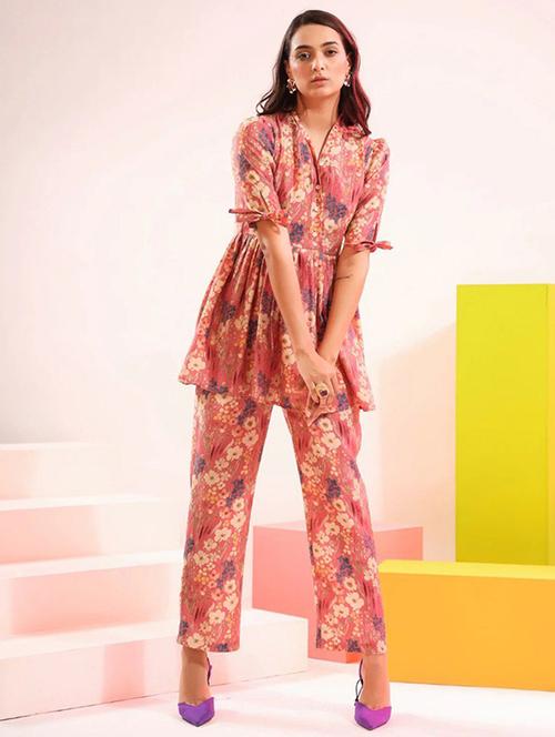 women peach floral printed co-ord sets - 20561242 - Very Small Image - 1
