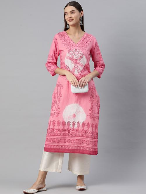 pink three quarter sleeve straight kurta - 20561294 - Very Small Image - 1