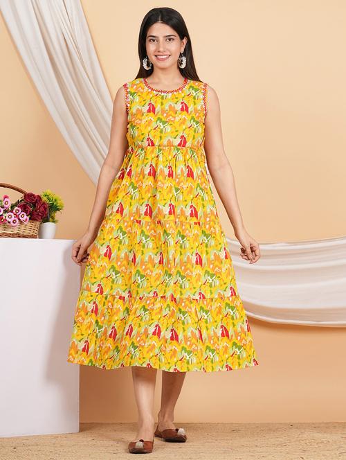 yellow printed tiered ethnic dress - 20561309 - Very Small Image - 1