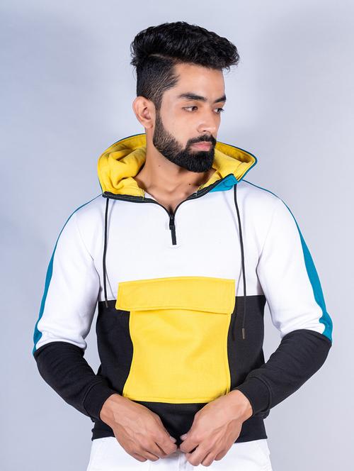 men colourblocked front pocket quarter zip hooded sweatshirt - 20561442 - Very Small Image - 1