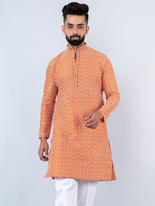 men orange embroidered long kurta - 20561921 - Very Small Image - 1