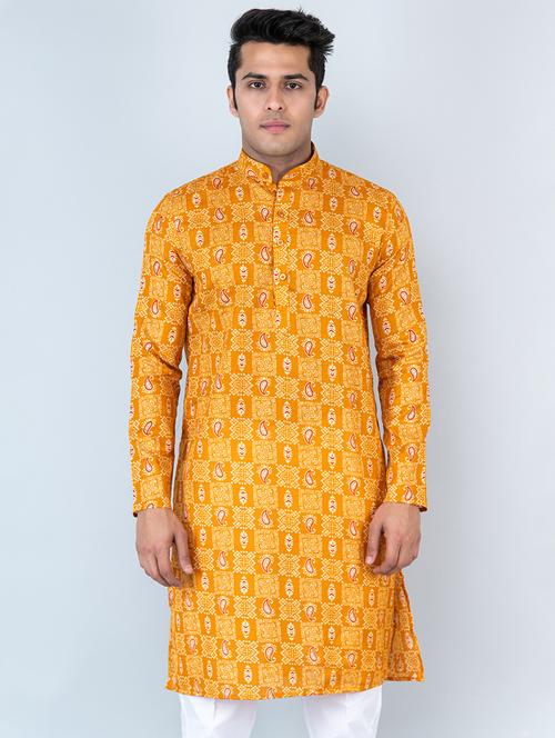 men mustard printed long kurta - 20561937 - Very Small Image - 1