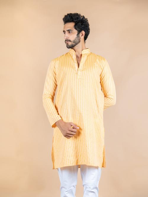 men yellow striped long kurta - 20561996 - Very Small Image - 1