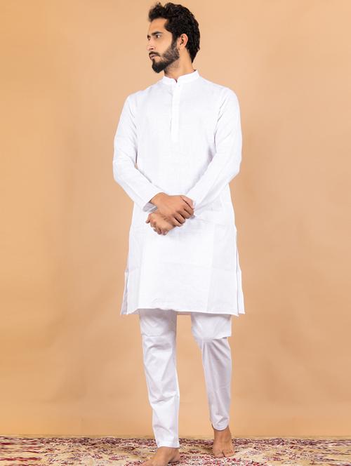 men white linen solid long kurta - 20562074 - Very Small Image - 1
