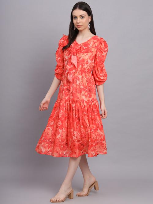 orange georgette fit & flare dress - 20565724 - Very Small Image - 1