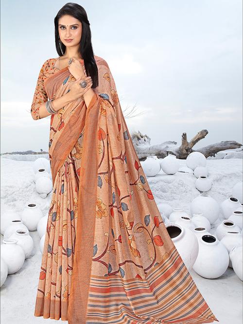 women beige printed saree with blouse - 20565749 - Very Small Image - 1