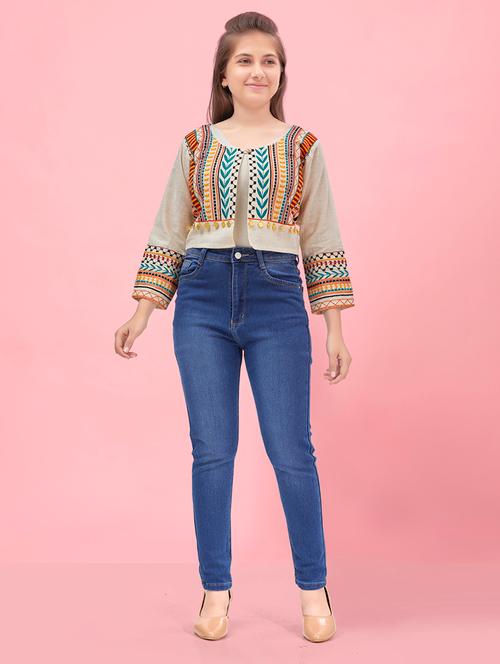 girls round neck self-design jacket - 20567466 - Very Small Image - 1