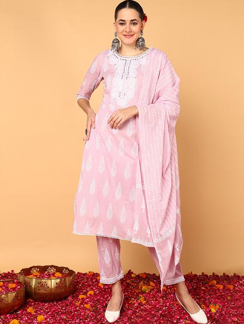 women pink round neck kurta pant set with dupatta - 20569087 - Very Small Image - 1