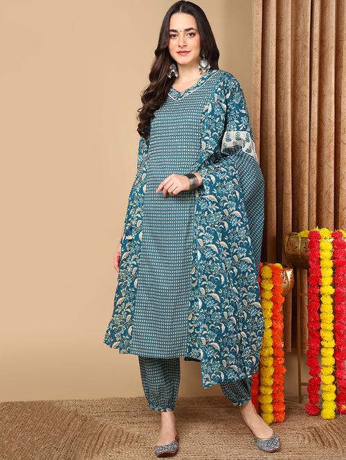 teal cotton suit set - 20569099 - Very Small Image - 1