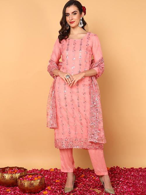 women pink round neck kurta pant set with dupatta - 20569251 - Very Small Image - 1