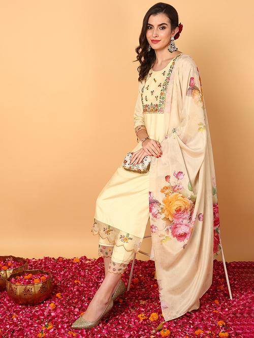 women yellow round neck kurta pant set with dupatta - 20569257 - Very Small Image - 1