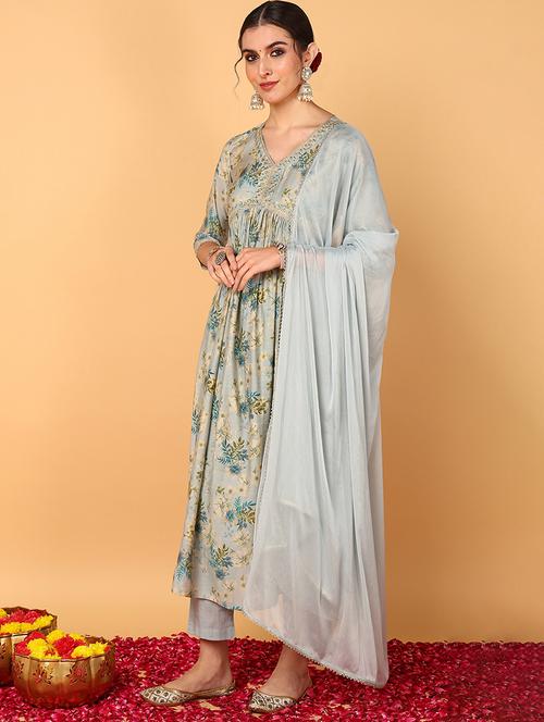 women grey v neck kurta pant set with dupatta - 20569312 - Very Small Image - 1