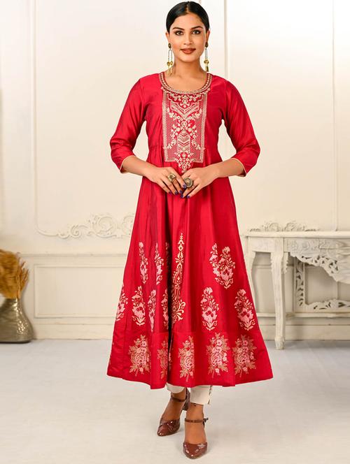 red cotton anarkali kurta - 20571084 - Very Small Image - 1