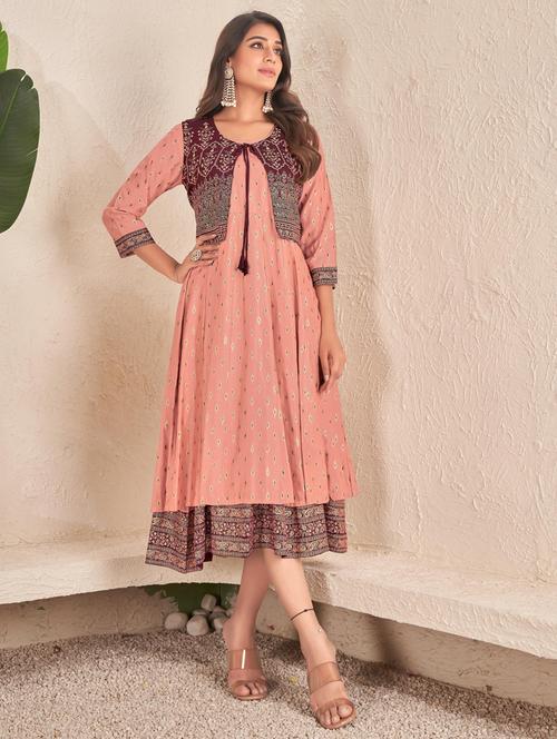 women peach round neck ethnic dress - 20571117 - Very Small Image - 1