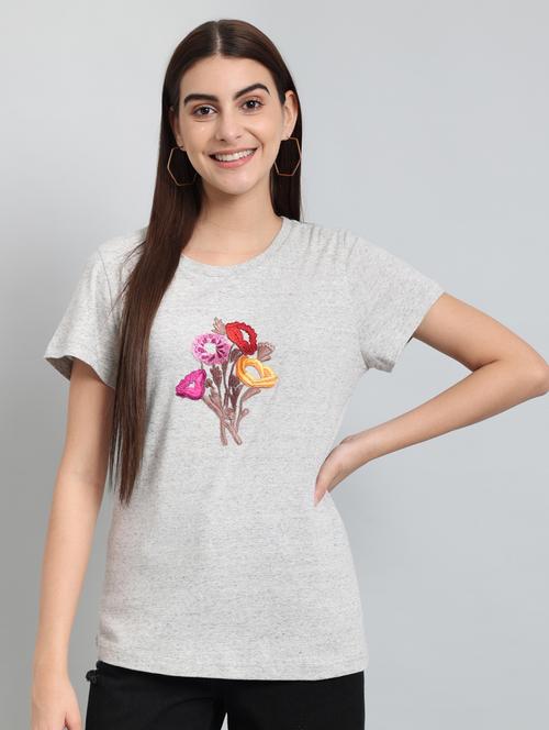 women grey front flower embroidered regular top - 20571449 - Very Small Image - 1