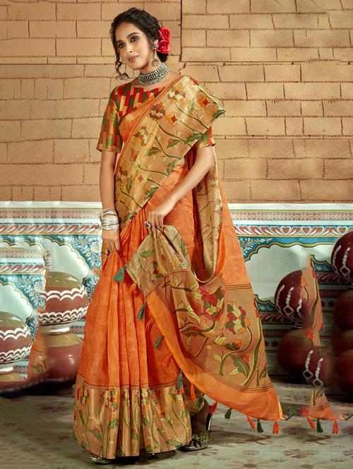 women's floral orange colored saree with blouse - 20584251 - Very Small Image - 1