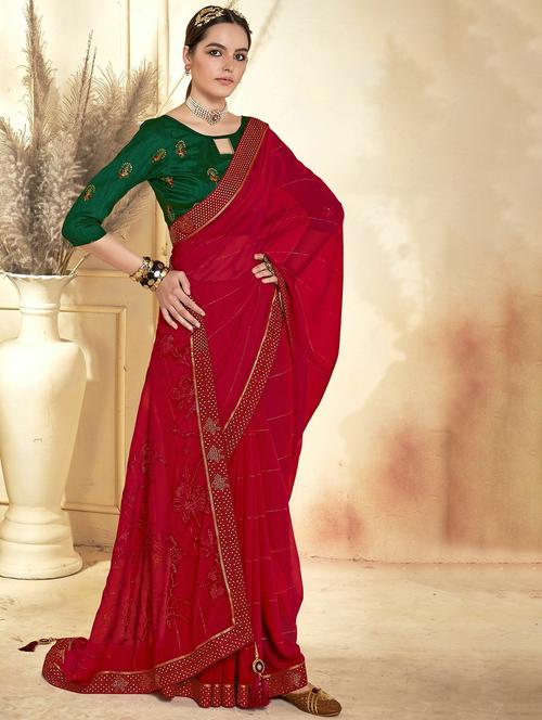 red georgette embroidered saree with blouse - 20584268 - Very Small Image - 1