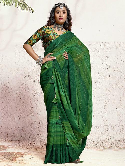 women green stripes embellished saree with blouse - 20584304 - Very Small Image - 1