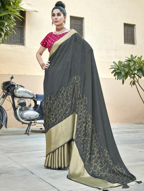 women grey floral printed saree with blouse - 20584368 - Very Small Image - 1