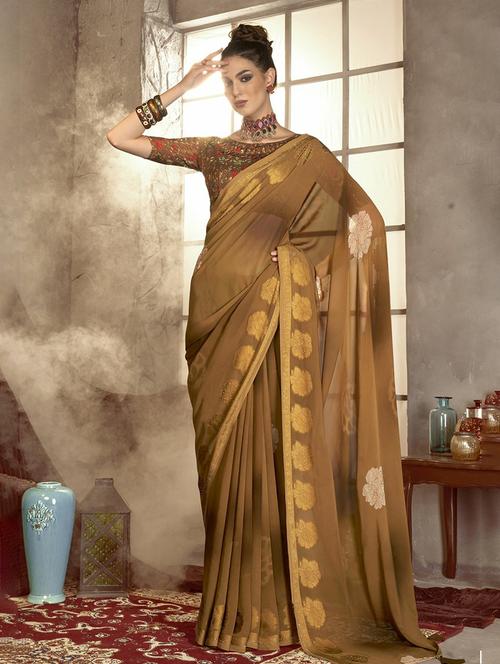 women mustard embellished saree with blouse - 20584380 - Very Small Image - 1