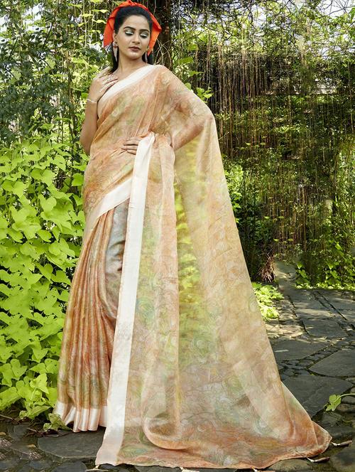 women's printed beige colored saree with blouse - 20584441 - Very Small Image - 1