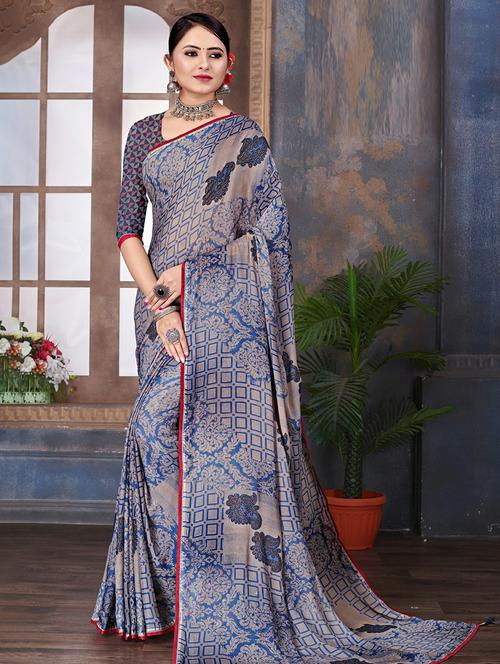 women's printed blue colored saree with blouse - 20584452 - Very Small Image - 1
