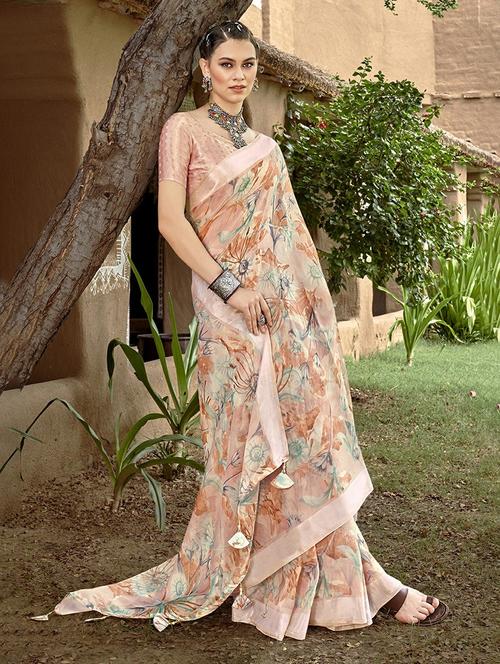 women's floral peach colored saree with blouse - 20584461 - Very Small Image - 1