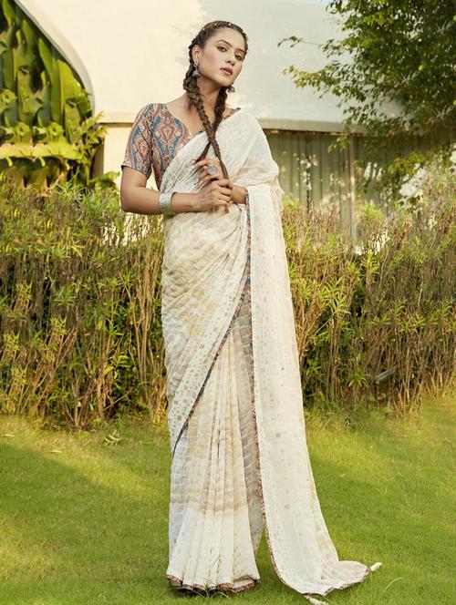 women's printed off white colored saree with blouse - 20584532 - Very Small Image - 1