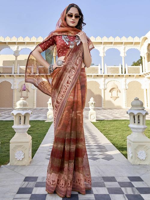 bronze printed saree with blouse - 20584541 - Very Small Image - 1
