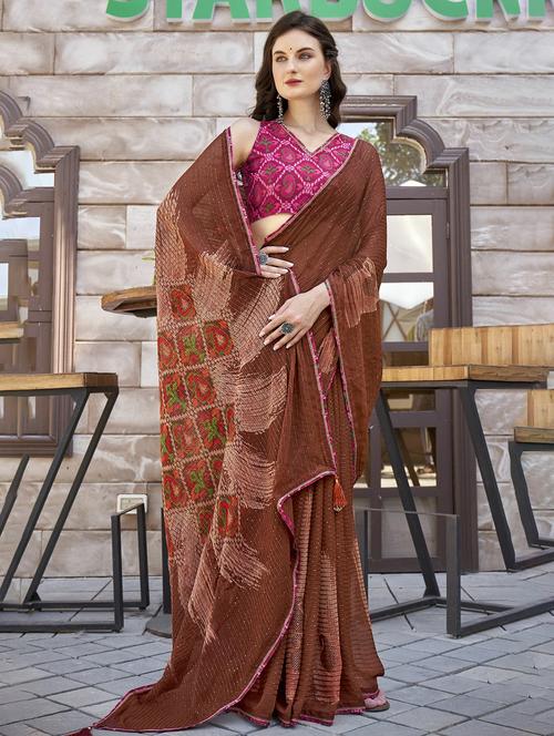 brown printed saree with blouse - 20584578 - Very Small Image - 1