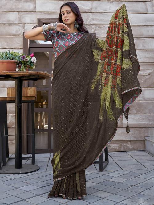 coffee brown printed saree - 20584580 - Very Small Image - 1