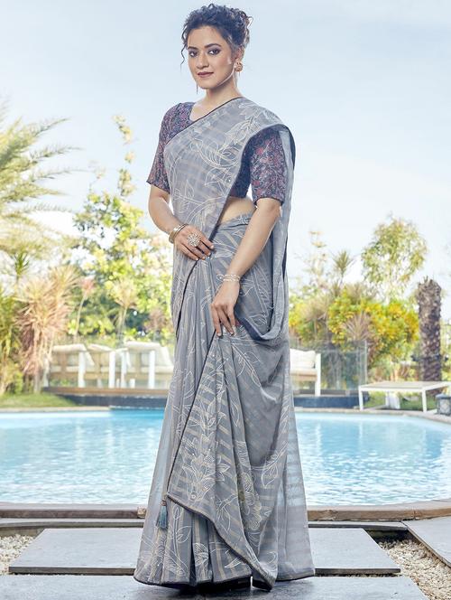 grey georgette printed saree with blouse - 20584634 - Very Small Image - 1