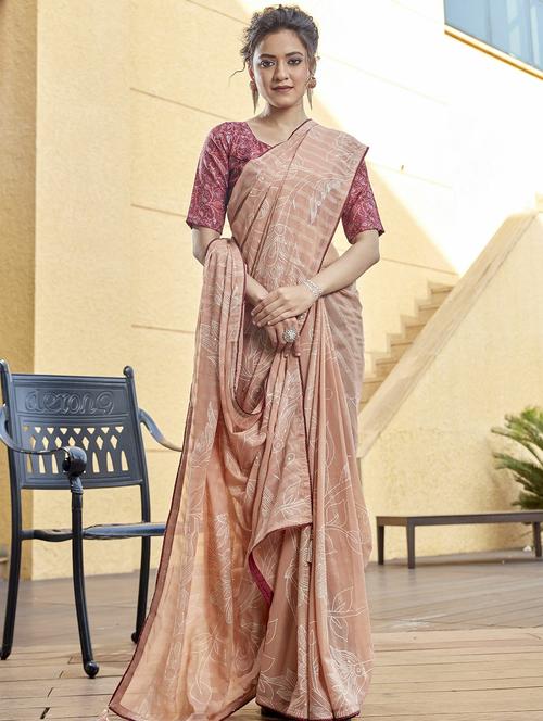 beige printed saree with blouse - 20584635 - Very Small Image - 1