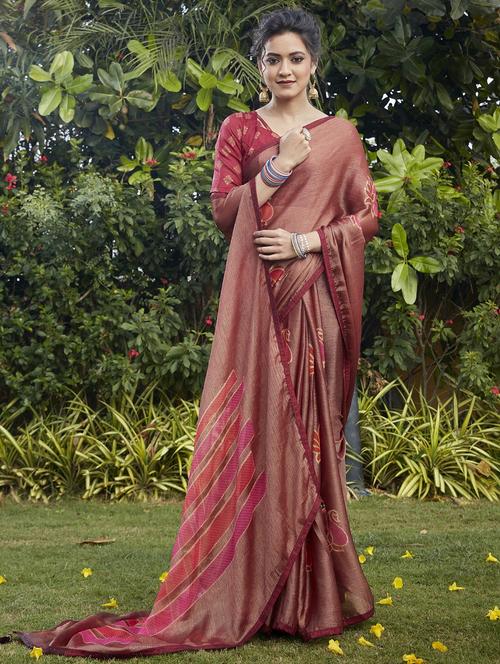 maroon brasso printed saree with blouse - 20584652 - Very Small Image - 1