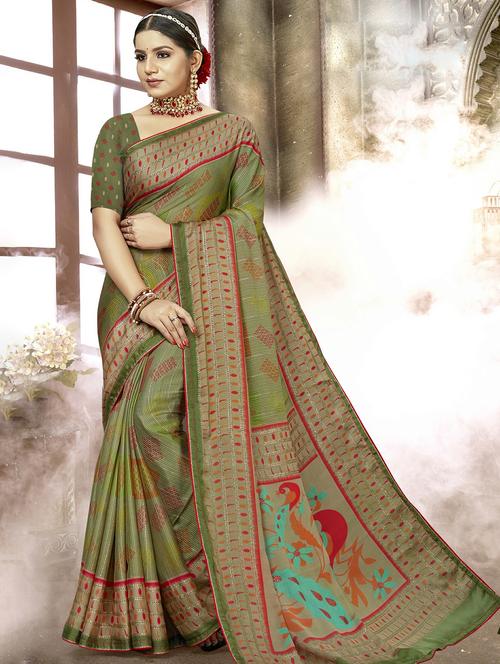 women green printed chiffon saree with blouse - 20584695 - Very Small Image - 1