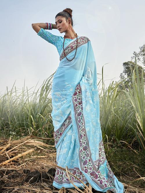 light blue printed saree - 20584721 - Very Small Image - 1