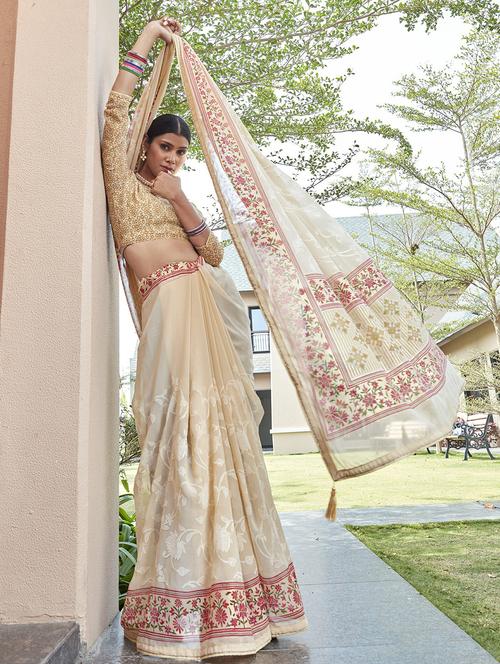 beige floral printed saree - 20584731 - Very Small Image - 1