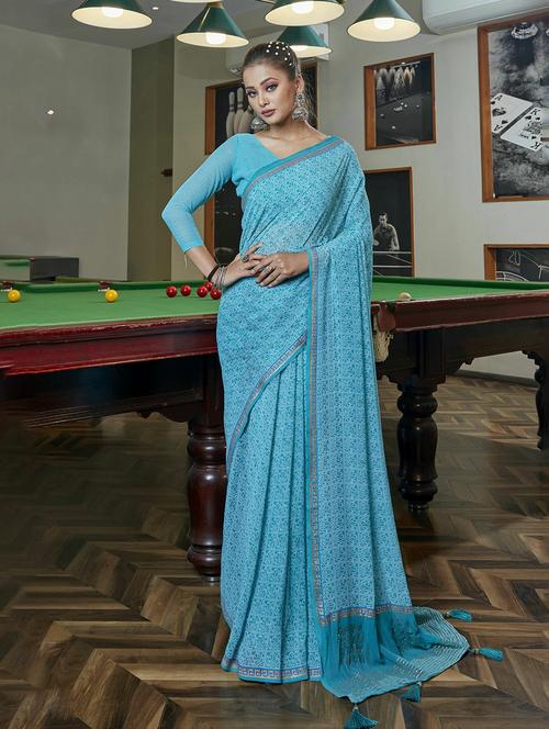 blue georgette printed saree - 20584771 - Very Small Image - 1