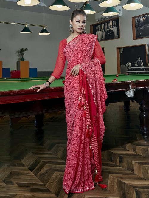red georgette printed saree with blouse - 20584772 - Very Small Image - 1