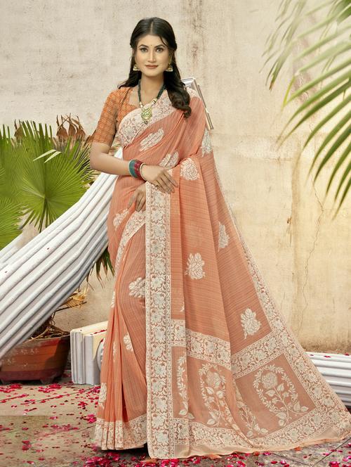 peach printed saree with blouse - 20584879 - Very Small Image - 1