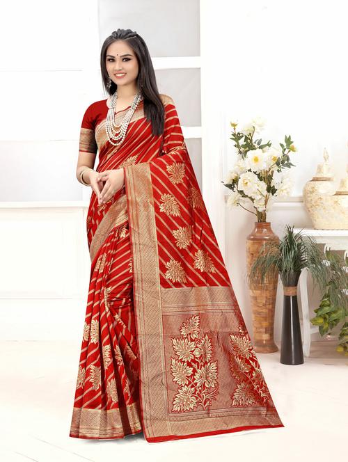 red self design banarasi saree with blouse - 20584886 - Very Small Image - 1