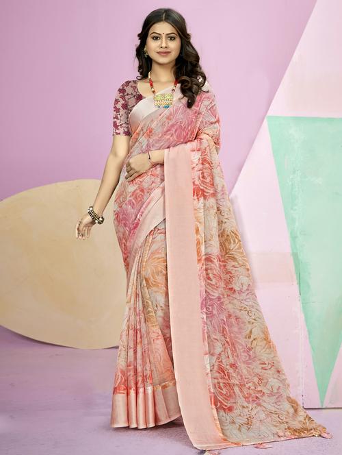 peach organza printed saree with blouse - 20585052 - Very Small Image - 1