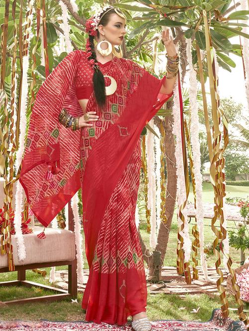 red georgette printed saree with blouse - 20585115 - Very Small Image - 1